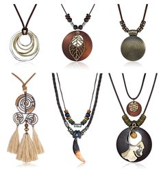 PRICES MAY VARY. Long Pendant Necklace Set: A total of 6pcs vintage pendant necklaces, including layered circle pendant necklace, braided leather necklace with teeth pendant, tassel sweater necklace, ginkgo leaf browne necklace, leaf wood necklace and disk leather necklace. The design suitable for both men and women can not only decorate your clothes, but also enhance your image and attract eyeballs. Adjustable Size : Rope size: 45-95cm, the extension chain of necklaces is about 5cm, which can b Bohemian Metal Charm Necklace With Clavicle Chain, Bohemian Metal Clavicle Chain Charm Necklace, Vintage Alloy Necklaces, Handmade Vintage Alloy Necklace, Bohemian Dangle Charm Necklace With Clavicle Chain, Bohemian Alloy Dangle Necklaces, Bohemian Charm Necklace With Clavicle Chain, Bohemian Dangle Necklaces In Alloy, Bohemian Alloy Necklaces