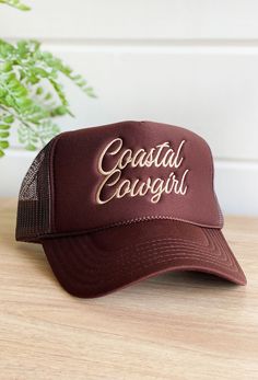 Charlie Southern: Coastal Cowgirl Trucker Hat, brown trucker hat with tan embroidered that says coastal cowgirl Coastal Cowgirl Trucker Hat, Western Trucker Hat, Cute Western Trucker Hats, Country Trucker Hat, Country Trucker Hats For Women, Southern Coastal, Hats Women, Brown Hat, Neutral Accessories