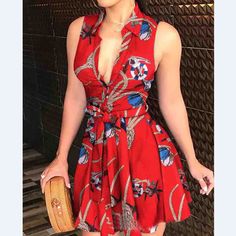 Material: Polyester Gender: Women Item Type: Dress Sleeve Length: Sleeveless Color: Red Size: S,M,L,XL Tie Waist Shirt, African Skirts, Sleeveless Shirt Dress, Dress Sleeve Length, Dresses By Length, Print Dresses, Everyday Dresses, Plaid Print, Printed Mini Dress