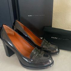 Marc By Marc Jacobs 101 Spazz Black Leather Loafer Pump. In Original Box And Packaging. Comes With Shoe Bag Patent Leather Closed Toe Platform Loafers For Office, Office Patent Leather Closed Toe Platform Loafers, Closed Toe Patent Leather Platform Loafers For Office, High Heel Patent Leather Platform Loafers For Work, Modern Black Court Shoes For Office, Designer Black Leather Shoes For Work, High Heel Patent Leather Platform Loafers For Formal Occasions, Black Loafers With Brogue Detailing For Office, Black Leather Sole Heels For Work