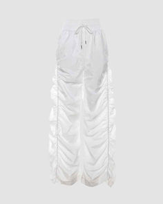 Details: Long cargo pants with front drawstring designBottom Length: LongMaterials:95% Polyester + 5% Spandex Stretch Nylon Wide-leg Parachute Pants, Stretch Summer Cargo Pants, Stretch Cargo Pants For Summer, High Waist Relaxed Fit Bottoms With Drawstring, White Bottoms With Drawstring And Long Pants, White Bottoms With Drawstring And Loosely Fitted Hips, Stretch Summer Parachute Pants, Summer Stretch Parachute Pants, Fitted Cotton Drawstring Pants