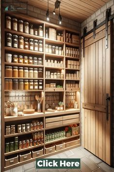 an open pantry with lots of jars and spices on the shelves in front of it