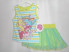 NWT Toddler Girls Two-Piece Little Pony Sleeveless Tee & Shirt Outfit. FEATURES: TOP: Sleeveless, striped, cotton, screen print design, multi-colored. SKIRT: Layered, Nylon, elastic waistband. Your little one will sparkle and shine in this Cute Outfit!!! Available in size 24 Months Cute Sleeveless School Sets, Tee Shirt Outfit, Sleeveless Tee, Screen Printing Designs, Baby & Toddler Clothing, Skirt Outfit, Top Sleeveless, Sparkle And Shine, Skirt Outfits