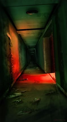 an empty hallway with red light coming from the ceiling and peeling paint on the walls