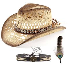 PRICES MAY VARY. Material:Made from 100% straw, our cowboy hat is not only comfortable and environmentally friendly, but it also retains its perfect shape. Hand-woven from our selection of straw, this cowboy hat is a western-inspired and gender-appropriate headwear accessory. We've paired it with two straps and a feather to make it easy to accessorize for different occasions. The hat is knitted using a special technique that incorporates multiple ventilation holes to ensure your comfort while we Adjustable Natural Hat Band For Rodeo, Adjustable Rustic Fedora Sun Hat, Adjustable Straw Hat For Rodeo With Short Brim, Western Style Adjustable Straw Hat With Flat Brim, Adjustable Brimmed Straw Hat For Country Events, Adjustable Western Hat Band In Natural Color, Adjustable Flat Brim Straw Hat For Rodeo, Adjustable Natural Color Western Hat Band, Adjustable Fit Flat Brim Straw Hat For Country Events