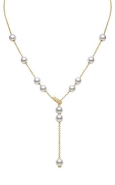 Mikimoto Necklace Pearls in Motion Akoya Pearls White PPL351DK11. 18k yellow gold necklace with 11 white akoya pearls of 7mm, A quality and 0.20ct of diamonds. The pearls move along the chain and stay in place. Mikimoto Necklace, Diamond Accessories, Mikimoto Pearls, Yellow Gold Necklace, Cushion Diamond, Square Diamond, Akoya Pearls, Oval Cut Diamond, Princess Diamond