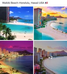 four pictures of the beach and hotels in waikii, honolulu, hawaii usa