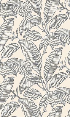 a blue and white wallpaper pattern with leaves on it, in shades of gray