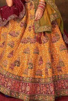 This stunning lehenga choli dress is crafted from luxurious fancy silk, creating a flawless look for any special occasion. Elevate your style with the vibrant color and elegant design, sure to turn heads and make you feel confident and beautiful! Perfect for adding a touch of glamour to any event. LEHENGA FABRIC: Velvet, SILK LEHENGA WITH HEAVY HANDWORK AND ZARKAN BLOUSE FABRIC: SILK DUPATTA: NET, VELVET WITH DOUBLE DUPATTA SIZING: Can be stitched upto 42 inches bust and waist SHIPPING: The product will be shipped within 1 - 2 weeks from the date of purchase. Stitched item will ship within 2-3 weeks from the date of the order All stitched products are final sale. We will contact you within 1-2 days from the date of order to confirm your measurements. Stitching Option - We will email you th