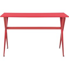 a red table with metal legs and a white background