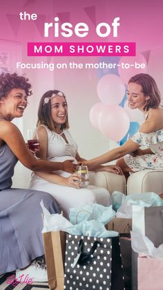 three women sitting on a couch with balloons and presents in front of them that say fun baby shower games