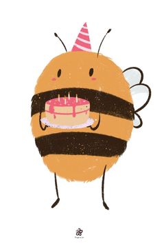 a drawing of a bee holding a birthday cake