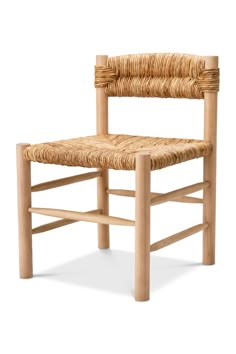 a chair made out of wood and wicker with a seat on the backrest