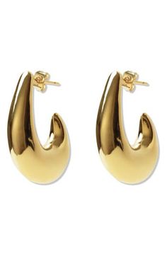 Elevate any ensemble with these bubbly J-hoops that are plated in sterling silver or 18-karat gold. 1 1/8" drop; 1/4" width Post back Sterling silver plate or 18k-gold plate Imported Gold Plated Teardrop Hoop Earrings With Polished Finish, Teardrop Gold Plated Hoop Earrings With Polished Finish, Modern Gold-plated Drop Hoop Earrings, Modern Gold Plated Drop Hoop Earrings, Gold Teardrop Hoop Earrings With Polished Finish, Teardrop Yellow Gold Plated Hoop Earrings, Drop Hoop Earrings For Anniversary, Anniversary Drop Hoop Earrings Tarnish Resistant, Anniversary Drop Hoop Earrings