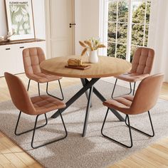 PRICES MAY VARY. Stylish and Functional Dining Set: This set includes a round table and 4 leather chairs, designed for easy conversation and gathering with family and friends. Durable Construction: The round table is crafted from thick MDF material with a sturdy X-shaped carbon steel base and non-slip rubber pads, ensuring stability and longevity. The chairs feature high-quality PU leather upholstery, ergonomic curved backs, and high elastic sponge for comfort and durability. Easy Assembly and M Dining Room Decor Round Table, Eclectic Dining Room Chairs, Apartment Dining Table, Kitchen Coffee Table, Apartment Table, Round Dining Table Set, Leather Dining Chairs Modern, Round Table And Chairs, Dining Table Ideas