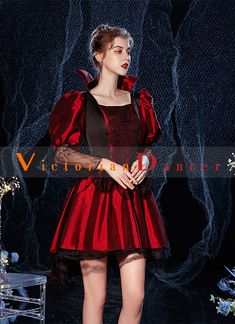 Wine Red Women Rococo Short Victorian Dress Halloween Costume Theatre Clothing   Condition: Brand New  Color: amp;nbsp; As Picture  Material: Satins And Lace  Silhouette: Ball Gown  Sleeve Length: Short Sleeve  Dresses Length:Above Knee, Mini  Neckline: STAND  Decoration: Lace  Style: Vintage   Includes: Dress    amp;nbsp; Gothic Costumes For Halloween Fancy Dress, Gothic Halloween Costume For Fancy Dress, Gothic Long Sleeve Cosplay Costume For Parties, Fitted Red Cosplay Costume For Party, Gothic Cosplay Costume For Cosplay Events, Gothic Cosplay Costume For Halloween, Halloween Fancy Dress Costume With Overbust, Halloween Vampire Style Long Sleeve Dress, Gothic Halloween Party Costume