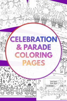 the celebration and parade coloring pages are available for children to color in with their favorite characters