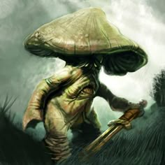 an image of a man with a giant mushroom on his head walking through the grass