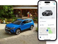 an image of a blue car parked in front of a house with the app on it's screen