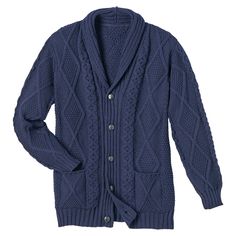 A wardrobe staple for the well-dressed man. Ours has all the right details: shawl collar, traditional stitching, football buttons, front patch pockets. Pure Merino wool, made in the village of Monasterevin, County Kildare, Ireland. Size M hangs 27". Hand wash. Men's sizes M-XXL. Specify Charcoal, Oatmeal or Navy. Aran Cardigan, Shawl Collar, Well Dressed Men, Wool Sweaters, Well Dressed, Wardrobe Staples, Merino Wool, The Well, Fashion Clothes Women