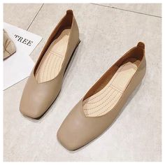 Wooden Low Heel Ballet Square Toe Shallow Slip On Loafer Flats Shoes Spring Flats, Square Toe Shoes, Low Heel Pumps, Office Shoes, Wedding Sandals, Beige Shoes, Flats Shoes, Up Shoes, Shoes Women