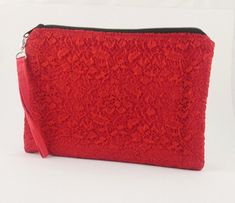 Handmade evening bag / clutch in red lined cotton fabric and red floral lace with removable wrist handle. The inner fabric is also made of red cotton and the bag can be closed with a zipper. Dimensions approx: 25 cm x 18 cm Red Evening Bag, Red Clutch, Evening Clutch Bag, Clutch Handbag, Wrist Strap, Red Floral, Floral Lace, Evening Bags, Purses And Handbags