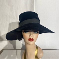 Vintage Black Velvet Hat There Is A Little Bit Of A Damage On The Inside Of That As Seen In The Picture But Still In Excellent Condition. Inside Circumference 21” Black Top Hat With Wide Brim For Evening, Black Wide Brim Top Hat For Evening, Black Evening Top Hat With Wide Brim, Black Vintage Fedora For Spring, Black Boater Hat With Curved Brim For Evening, Black Boater Hat With Short Brim For Evening, Black Curved Brim Hat For Evening, Black Wide Brim Boater Hat For Evening, Black Vintage Cloche Hat With Wide Brim