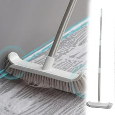 a broom is laying on the floor next to an image of a dust mop