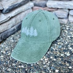 Forest Trees Design Embroidered, Green Distressed Baseball Caps, Summer Adventure Hats Personalized, Unique Father's Day Gifts for Him, Granola Girl Apparel, Women Hiking Outfit Accessories - CUSTOM TEXT available on the back of cap, above strap opening. - THREAD COLOR (optional): Choose a color for the design and custom wording on back & write into personalization box. Default: white or black thread for both, depending on cap color. - Custom wording on the back of cap will be embroidered accord Casual Trucker Hat With Embroidered Short Brim, Casual Embroidered Trucker Hat With Short Brim, Distressed Baseball Cap For Outdoor, Outdoor Embroidered Trucker Baseball Cap, Embroidered Trucker Hat For Outdoor, Embroidered Snapback Baseball Cap For Outdoor, Embroidered Outdoor Baseball Cap, Casual Embroidered Baseball Cap With Short Brim, Distressed Adjustable Baseball Cap For Outdoor