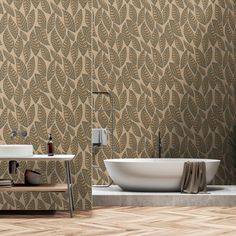 a bathroom with two sinks and a bathtub next to a wallpapered wall