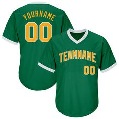 a green baseball jersey with the number 00 on it and an orange lettering that reads team name