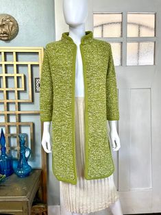 True Vintage 60s Small Medium California Creations Lime Green Boucle Knit Long Cardigan Sweater - Etsy Fitted Long Green Outerwear, Vintage Green Knit Outerwear, Fitted Green Wool Sweater, Green Wool Cardigan For Spring, Green Wool Knitted Cardigan, Green Wool Winter Cardigan, Green Fitted Wool Cardigan, Green Soft Knit Outerwear, Wool Sweater For Spring