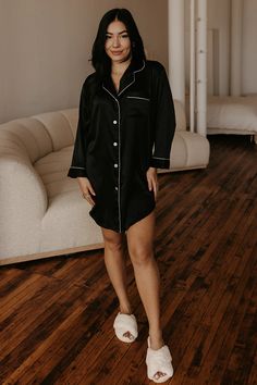 Custom Sleep Shirt - Black – Spikes and Seams Elegant Relaxed Fit Sleepwear, Relaxed Fit Satin Sleepwear For Bedtime, Chic Satin Sleepwear For Loungewear, Chic Satin Finish Sleepwear, Elegant Black Sleepwear For Home, Black Satin Sleepwear For Loungewear, Black Satin Sleepwear For Lounging, Black Satin Sleepwear, Black Satin Long Sleeve Sleepwear