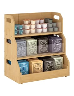 a wooden shelf filled with lots of containers