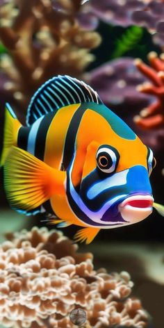 an orange and blue fish swimming in the water next to corals with seaweed