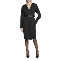 Saint Laurent wrap dress featuring a leather belt and gathered waist seam Surplice neckline Long sleeves; button cuffs Side slip pockets Sheath silhouette Knee length Hidden closure Viscose Professional cleaning recommended Made in Italy Fall Business Dresses With Button Cuffs, Chic Midi Dress For Office With Belted Cuffs, Chic Midi Dress With Belted Cuffs For Office, Belted Long Sleeve Midi Dress For Business, Long Sleeve Belted Midi Dress For Business, Long Sleeve Blazer Dress With Belted Cuffs For Office, Chic Belted Midi Dress For Business, Fitted Wrap Dress For Office In Fall, Fall Office Blazer Dress With Belted Cuffs