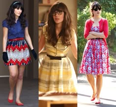 three different pictures of women in dresses and shoes, one is wearing glasses the other has her arms crossed