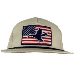 a hat with an american flag on the front and eagle embroidered on the side,