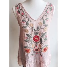 New With Tags! Adorable Pale Pink Tunic Length Tank Top Featuring Stunning Floral Embroidery. Fit Is Slightly Oversized & Tunic Length, So Size Down If Between Sizes. Summer V-neck Blouse With Floral Embroidery, V-neck Tops With Floral Embroidery For Vacation, Spring Floral Embroidered V-neck Top, Pink V-neck Top With Floral Embroidery, Floral Embroidered Tank Top For Spring, Spring Floral Embroidery Tank Top, Bohemian Tank Top With Floral Embroidery, Sleeveless Spring Embroidered Top With Floral Embroidery, Sleeveless Embroidered Floral Top For Spring