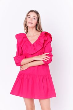 This sweet and chic ruffled mini is perfect for dressing up or dressing down. With a flattering v-neckline and delicate ruffle detail, this mini is perfect for showing off your curves. Made with a soft and lightweight fabric, it's perfect for layering. Dress it up with heels or dress it down with sandals - either way, you're sure to fall in love with our ruffled mini. V neckline Ruffle detail 3/4 puff sleeve Mini length Lining Hand wash cold Do not bleach Do not tumble dry Iron low Shell: 100% Cotton Lining: 80% Polyester 20% Cotton HN1196D Total length :33.75" Bust :36.5" S Height 5'9"/(175cm) / Bust 30"/(76.5cm) / Waist 24.5"(62cm) / Hip 34"(86cm) Pink V-neck Mini Dress With Ruffle Hem, Feminine Spring V-neck Dress With Ruffles, Spring Tiered V-neck Dress With Ruffles, Chic Pink V-neck Ruffle Dress, Spring V-neck Dress With Ruffle Sleeves, Chic V-neck Dress With Ruffle Hem For Day Out, Spring V-neck Dress With Ruffles For Date Night, Spring Mini V-neck Dress With Ruffle Hem, Feminine Ruffle Dress With Ruffled Straps For Brunch