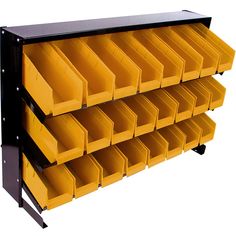 several yellow bins are stacked on top of each other in a metal rack with wheels