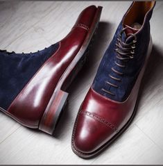 Men's Handmade Ankle High Navy Blue & Maroon Cap Toe Leather Suede Lace Up Boot  Brand Leather Edges Running Size USA Size  Features Handmade Hand Stitched Material  Leather Suede Leather Sole Color  Navy Blue & Maroon  Interior Soft Leather Lining Pattern Solid Dress Shoes Product Line Made In Pakistan Style Dress Stylish Ankle Lace Up Boot (D, M) Blue Ankle Boots, Dress Leather Boots, Handmade Leather Boots, Mens Dress Boots, Ankle Boots Men, Mens Fashion Rugged, Blue Boots, Rugged Style, Leather Lace Up Boots