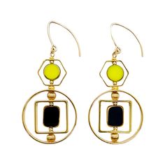 Art Glass & Gold Earrings - These earrings, lightweight and designed to rotate and reposition with movement, are composed of 24k gold-edged, vintage German glass beads that were hand-pressed during the period between the 1920s and 1960s. The metal frames are 24k gold-plated over brass and have been coated for anti-tarnish, while the metal beads and ear wire are gold-filled. Each piece will vary slightly. Gold Jewelry With Artistic Design, Black Art Deco, Beads Art, April Birthstone Jewelry, March Birthstone Jewelry, Deco Earrings, Big Top, Artful Home, Forever Jewelry