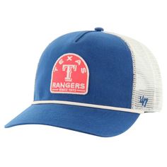 Show your Texas Rangers spirit with this '47 Cypress Trucker Hitch Adjustable Hat. This '47 Hitch hat boasts a retro-inspired design with a unique five-panel crown and a braided rope cord for a touch of vintage flair.  The embroidered team logo applique on the front proudly displays your Rangers spirit, while the rope embellishment on the visor adds a stylish touch. With its breathable mesh back panels and adjustable snapback closure, this hat offers a comfortable fit for all-day wear. Retro Snapback Hats For Fan Merchandise, Retro Snapback Hat For Fan Gear, Retro Snapback Hat For Fans, Retro Curved Brim Hat For Fan Merchandise, Retro Baseball Season Fan Merchandise Hats, Retro Snapback Hats For Game Day, Throwback Adjustable Hats For Game Day, Retro Cap For Game Day, Retro Adjustable Snapback Hat For Fan Gear