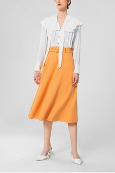 Women's Hann A-line Flared Twill Midi Skirt S/M/L Pastel Orange MEAN BLVD Mean Blvd, Pastel Orange, Trumpet Skirt, Long Sleeved Top, Skirt Belt, Mass Production, Delicate Details, Women's Wardrobe, Flare Skirt