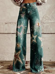 Women's Vintage Print Casual Wide Leg Pants – fashionsully Estilo Hipster, Disco Cowgirl, Looks Country, Painted Jeans, Casual Wide Leg Pants, Painted Clothes, Bell Bottom Pants, Cute Jeans, Women Shirts Blouse