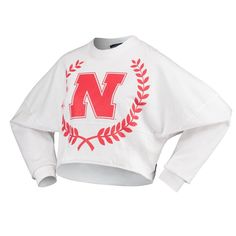 Go all out on expressing your passion for the Nebraska Huskers with this Laurels Crop T-shirt. Its big, bold Nebraska Huskers graphics printed on the front and back make your team devotion undeniable. The drop shoulder sleeves also allow you to move around more freely and comfortably. Brand: Spirit Jersey Crew neck Distressed details for a vintage look Drop shoulder fit Hem with raw edge Imported Long sleeve Low-puff details for a raised look and feel Machine wash, tumble dry low Material: 100% Collegiate Crew Neck Tops For Streetwear, Relaxed Fit Tops For School Spirit Streetwear, Cotton Crew Neck Sportswear Top, Relaxed Fit Tops For Streetwear With School Spirit, School Spirit Crew Neck Top For Streetwear, Collegiate Crew Neck Top With Graphic Print, Collegiate Graphic Print Crew Neck Top, Crew Neck Tops For School Spirit Streetwear, White Tops With Team Spirit For Fall