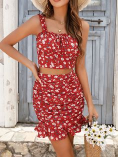 Women's Swimsuit Set: Small Floral Skirt with Chest Cup Strap Vest Top Women Swimsuit, Swimsuit Set, Skirt Women, Slim Fit Shorts, Polyester Top, Vest Top, Summer Outfits Women, Blouse Dress, Winter Collection