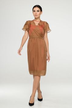 "A sheer chiffon see through dress featuring v-neckline, short butterfly sleeves, and a midi length. - Wrap tie closure - Trapeze silhouette - V-neck - Knee length (midi) - short sleeves - Color: caramel brown - Layering garments not included (black dress you can see here: https://www.etsy.com/listing/741956358/black-camisole-slip-lace-dress-cocktail?ref=shop_home_active_5&pro=1&frs=1) Fiber: chiffon Estimated shipping time: 10-12 business days For size S:dress length- 42,0 \" (107 cm) O Summer V-neck Chiffon Dress For Wedding Guest, Evening Midi Dress With Sheer Sleeves And V-neck, Fitted Sheer Chiffon Summer Dress, Elegant Summer Chiffon Dress For Wedding Guest, Summer Fitted Chiffon Dress For Wedding Guest, Fitted Chiffon Dress For Summer Wedding Guest, Fitted Sheer V-neck Chiffon Dress, Summer Evening V-neck Chiffon Dress, Chic V-neck Chiffon Cocktail Dress