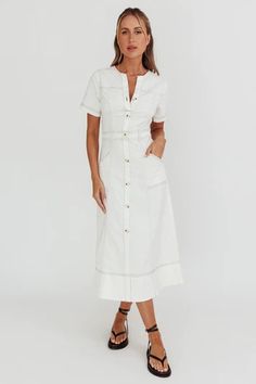 Shop the Aspen Love Front Pocket Midi Dress White | Selfie Leslie Elegant Midi Dress With Pockets For Daywear, Summer Workwear Dress With Slip Pockets, Fitted Button-up Midi Dress With Pockets, Summer Work Dresses With Side Pockets, Summer Workwear Dress With Side Pockets, Knee-length Midi Dress With Pockets For Casual Wear, Casual Knee-length Midi Dress With Pockets, Knee-length Midi Dress With Pockets For Dress Down, A-line Dress With Pockets For Daywear